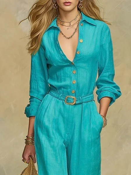 

Cotton And Linen Casual Plain Buttoned Shirt Collar Shirt, Blue, Blouses and Shirts