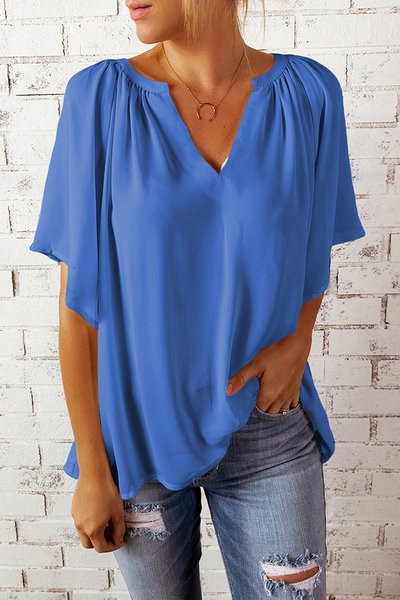 

Elegant Plain V Neck Short Sleeve T-shirt, Blue, T-shirts