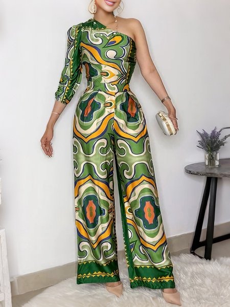 

Vacation Printing Chevron One Shoulder Jumpsuit, Green, Jumpsuits