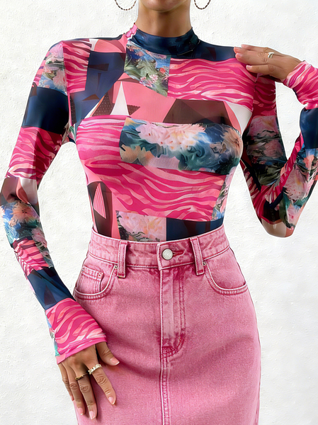 

Urban Floral Printing Stand Collar T-shirt, Pink, Tees