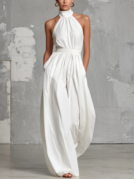 

Vacation Cotton Lace-up Plain Halter Tank Jumpsuit With Belt, White, Jumpsuits