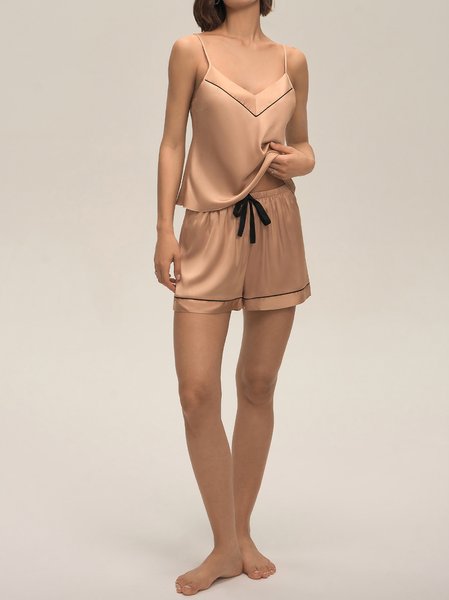 

Plain Satin Regular Fit Slip Top With Shorts Casual Pajama Set, Coffee, Sets