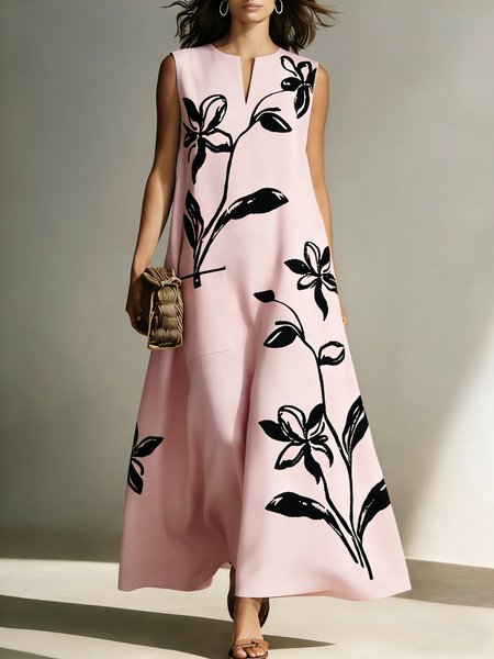Vacation Floral Printing Notched Maxi Dress