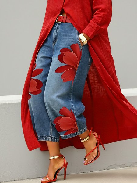 

Casual Zipper Loose Bloomers Ankle Pants O-Line Daily Trousers, Red, Jeans