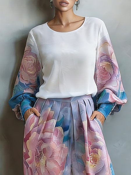 

Vacation Floral Printing Crew Neck Balloon Sleeve Blouse, White, Blouses and Shirts