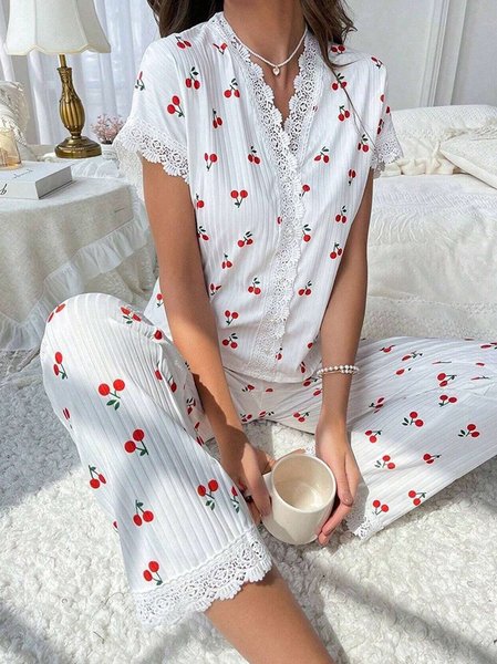 

Cherry Print Lace V Neck Short Sleeve Top With Pants Casual Pajama Set, White, Sets