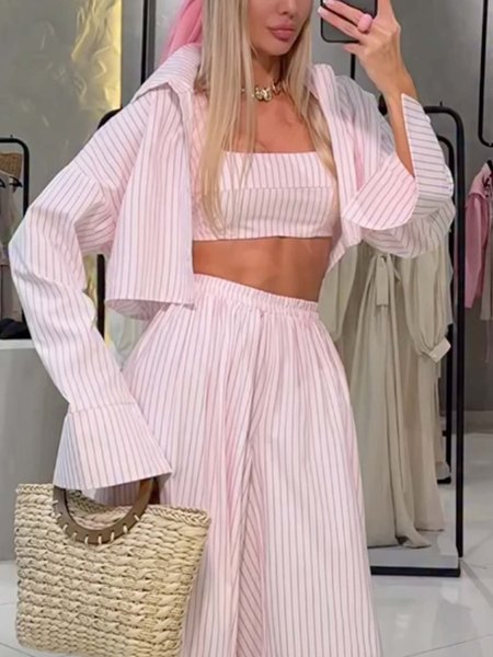 

Casual Striped Shawl Collar Jacket With Tube Top, Pink, Jackets