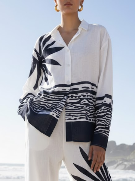 

Vacation Botanical Pattern Printing Shirt, Blue, Blouses and Shirts