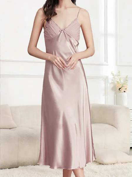 Satin Slip Dress Regular Fit Pajama Sexy Plain V Neck Nightdress