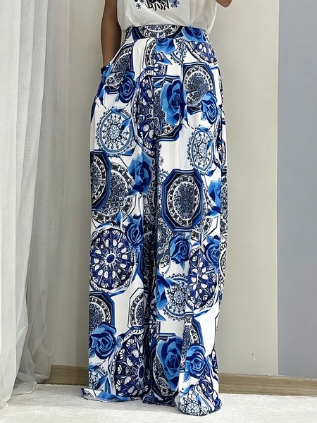 Casual Random Print Printing Straight Pants, Blue, Pants
