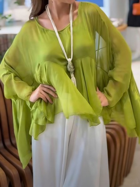 

Casual Plain Peplum Crew Neck Raglan Sleeves Blouse, Green, Blouses and Shirts