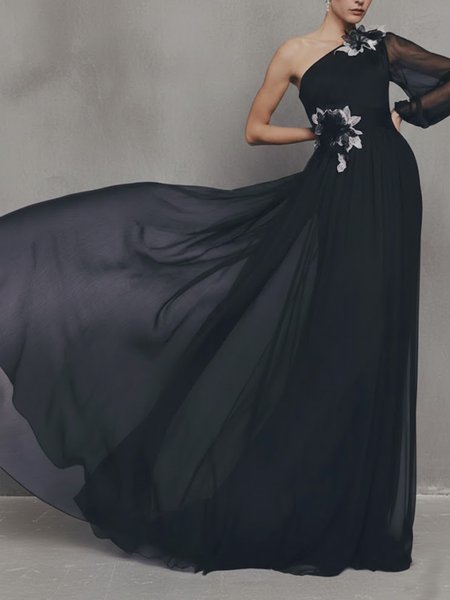 

Elegant Floral Glitter One Shoulder Maxi Dress, Black, Cocktail Dresses