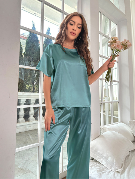 

Satin Plain Casual Crew Neck Pajama Set, Green, Sets