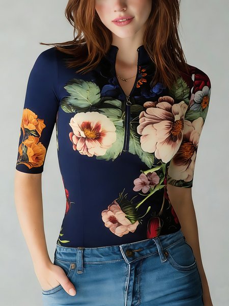 

Casual Floral Printing Crew Neck T-shirt, Blue, Tees