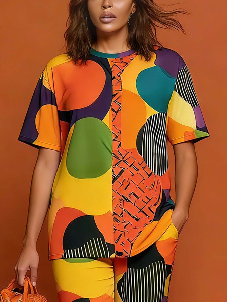 

Casual Abstract Polka Dots Printing Crew Neck T-shirt, As picture, Tees