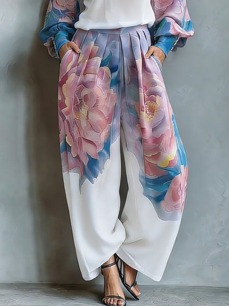

Vacation Floral Printing Fashion Wide Leg Pants, White, Pants