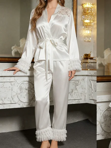 Satin V Neck Top With Pants Lace Casual Pajama Set