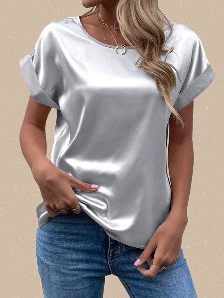 

Casual Plain Crew Neck Short Sleeve T-shirt, Light gray, T-shirts