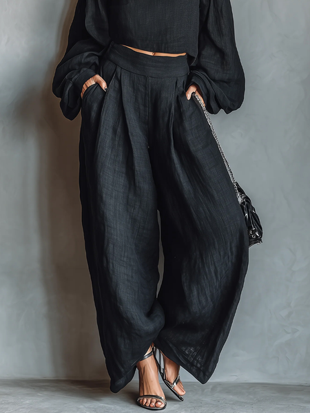 

Cotton Casual Plain Wide Leg Pants, Black, Pants