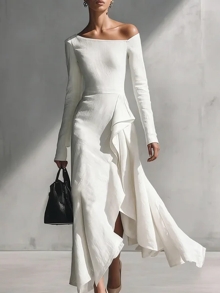 

Cotton Elegant Plain Irregular Craftsmanship Asymmetrical Maxi Dress, White, Midi Dresses