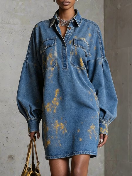 

Casual Plain Raglan Sleeves Denim Shirt Collar Mini Dress, Blue, Mini Dresses