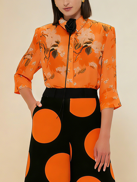

Urban Floral Printing Bell Sleeve Shirt With Brooch, Orange, Blouses and Shirts