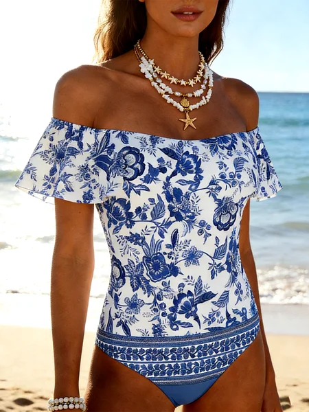 

Vintage Geometric V Neck One-Piece, Blue, One-pieces