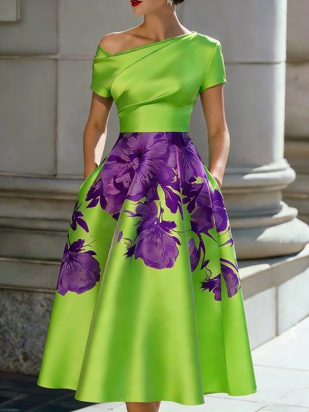 

Elegant Floral Printing Cold Shoulder Midi Dress, Green, Cocktail Dresses