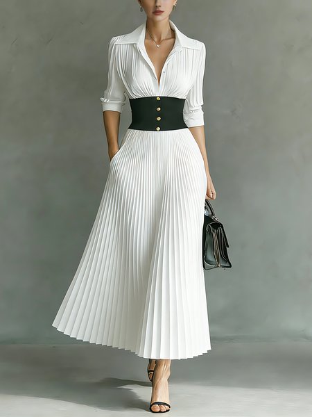 

Urban Color Block Pleated Shawl Collar Midi Dress, White, Maxi Dresses