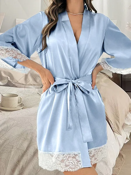 Satin Plain Lace Nightdress Casual Night Robe