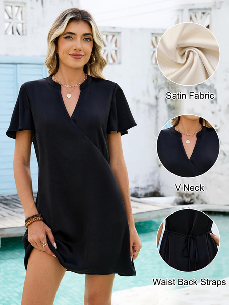 Women Plain Summer Dress V Neck Short Sleeve Fit & Flare Dress A-Line Dress