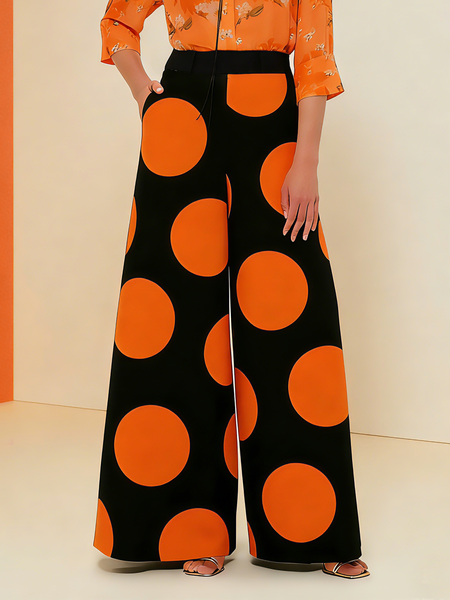 

Urban Polka Dots Printing Wide Leg Pants, Orange, Pants