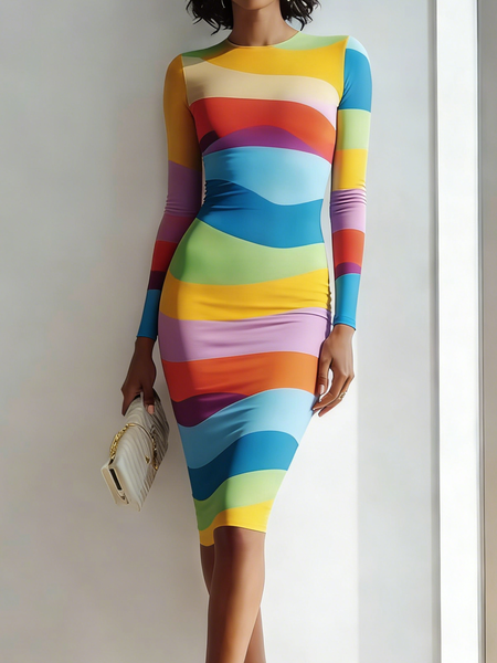 

Urban Colorblock Crew Neck Knee Length Dress, As picture, Midi Dresses
