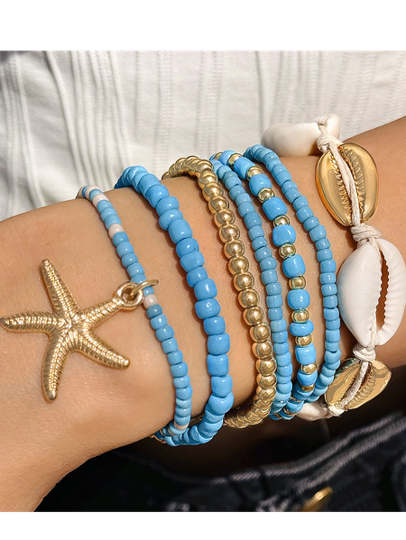 

Bohemian Style Vacation-Themed Beaded Woven Bracelet Set With Starfish And Seed Beads (7 Pieces), Color7, Bracelet Set