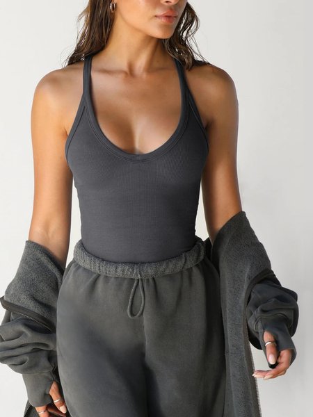 

Women Sleeveless Tank Top Camisole Summer Plain Buckle U-Neck Daily Street Top, Deep gray, Tanks & Camis