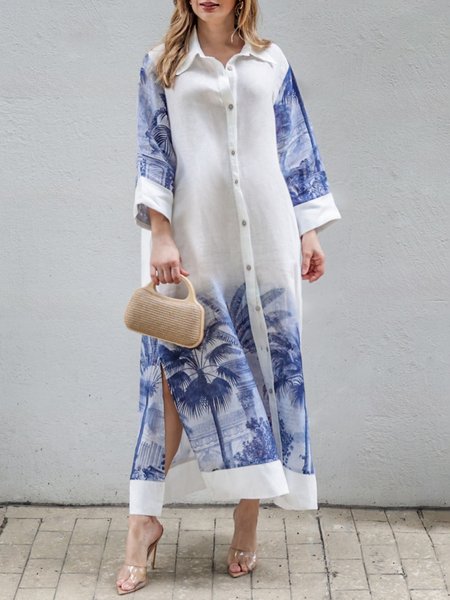 

Casual Coconut Tree Printing Shirt Collar Maxi Dress, White, Maxi Dresses
