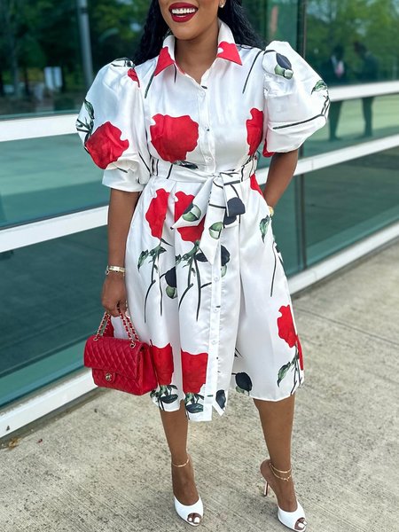 

Elegant Floral Puff Sleeve Printing Shirt Collar Midi Dress With Belt, White, Midi Dresses