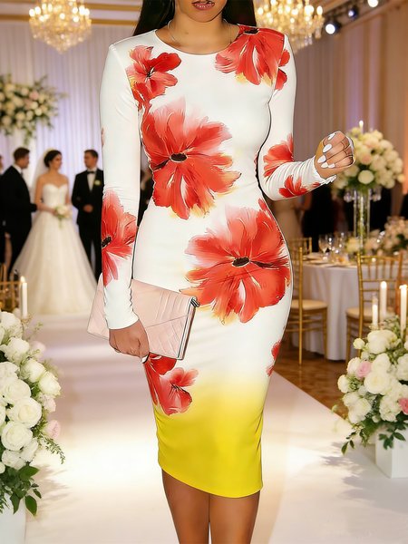 

Elegant Floral Printing Crew Neck Knee Length Dress, As picture, Midi Dresses