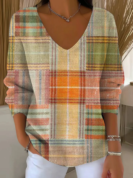 Casual Plaid V Neck Long Sleeve T-shirt