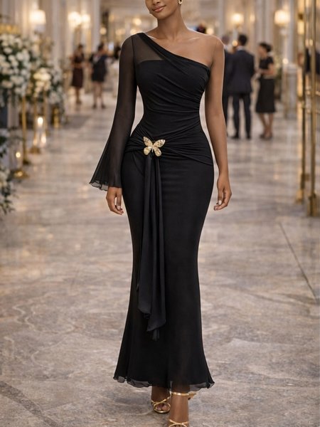 

Elegant Plain Buckle Asymmetrical Collar Maxi Dress, Black, Cocktail Dresses