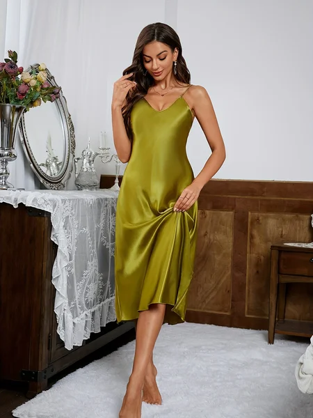 

Satin Slip Dress Casual V Neck Nightdress, Green, Pajamas