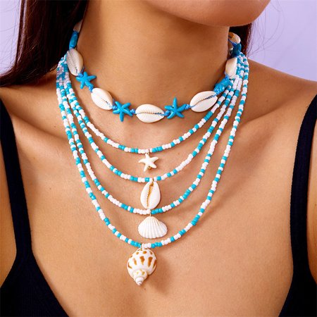 Vacation Beach Seashell Necklace Ocean Shell Double-Layered Necklace Clavicle Chain.