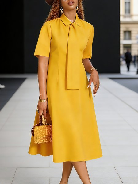 

Casual Plain Shawl Collar Midi Dress With Tie, Yellow, Midi Dresses
