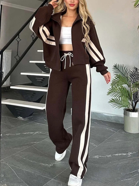 

Women Striped Split Joint Two-Piece Set Daily Long Sleeve Casual Spring/Fall Top With Pants Matching Set, Deep brown, Suit Set