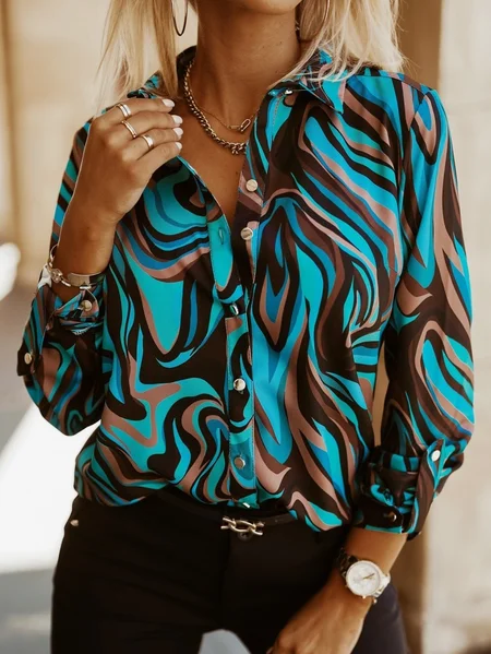 V Neck Long Sleeve Geometric Printing Regular Micro-Elasticity Loose Tunic Shirt For Women