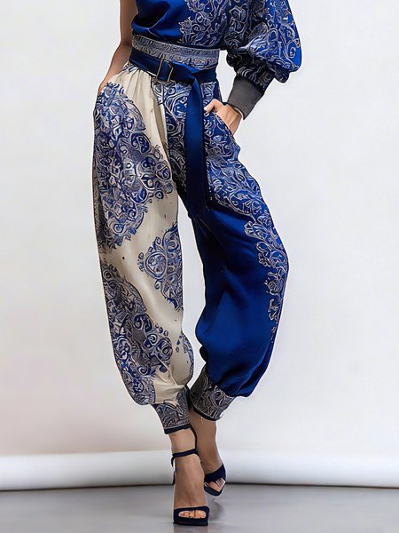 

Casual Paisley Printing Ankle Banded Pants With Belt, Blue, Pants