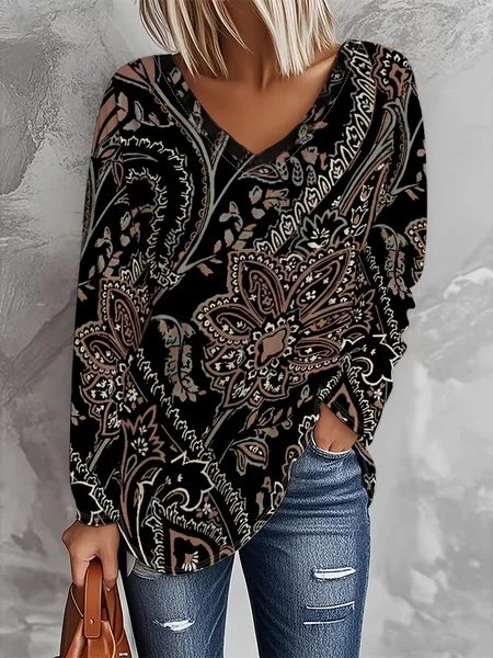 Casual Floral V Neck Long Sleeve T-shirt