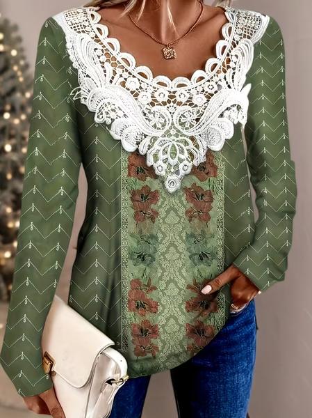 

Casual Abstract Crew Neck Long Sleeve T-shirt, Green, Blouses