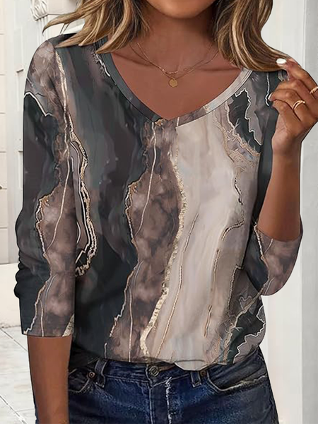 Casual Striped V Neck Long Sleeve T-shirt