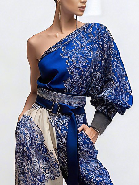 

Casual Paisley Printing One Shoulder Balloon Sleeve Blouse, Blue, Blouses and Shirts